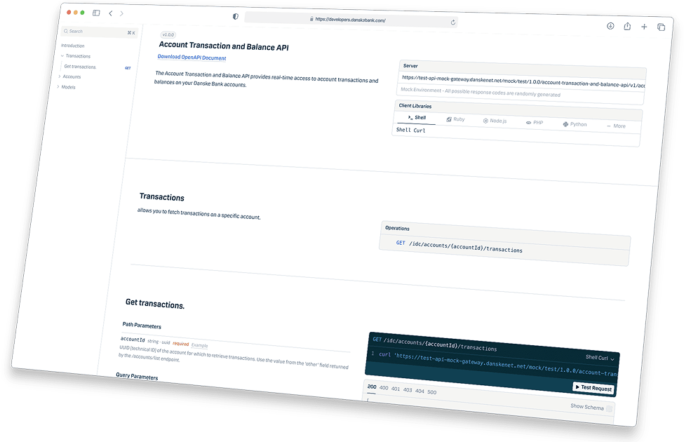 API Documentation Interface showing Collection Test API with Accounts operations