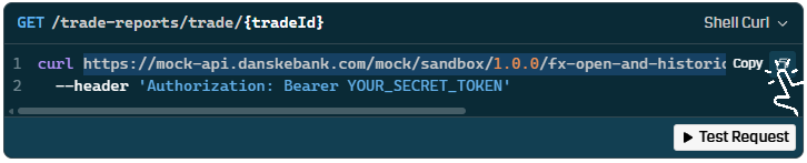 Code snippet generator panel open with cURL selected, showing the mock URL and copy button
