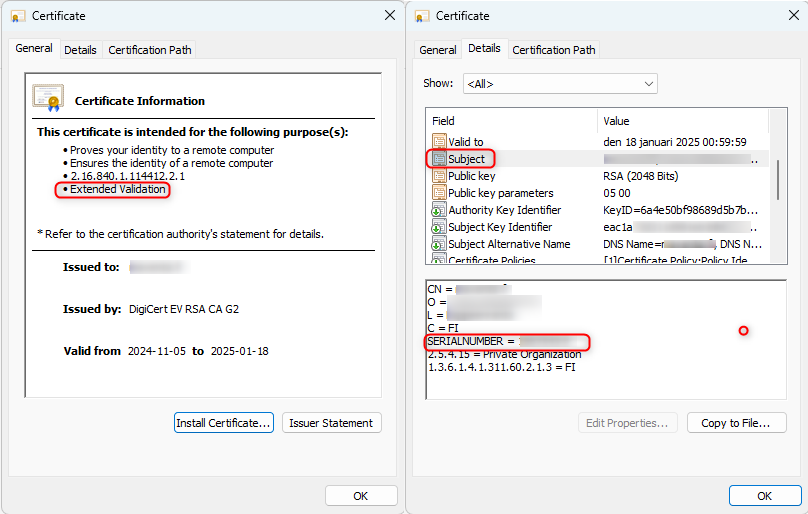 certificate user interface highlighting important data fields